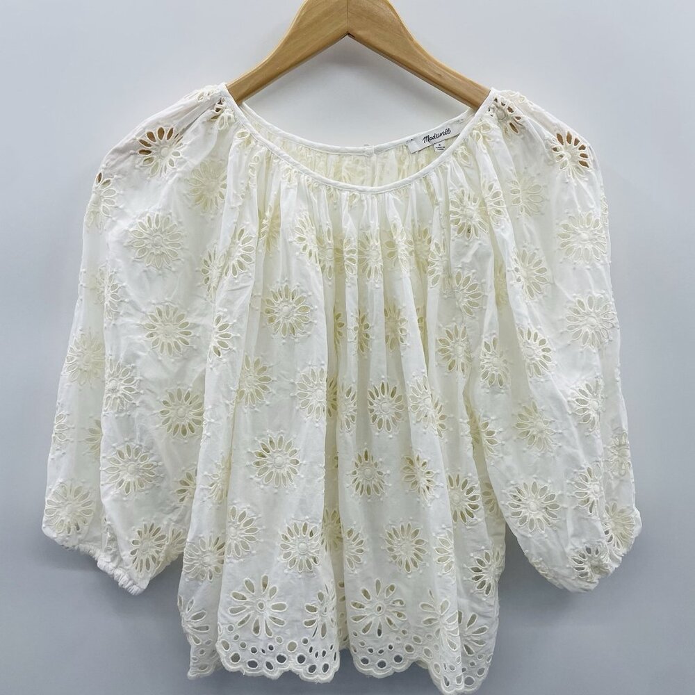 Madewell Womens Size Small Embroidered Shirred Puff Sleeve Top Floral Eyelet 333 - Picture 4 of 11